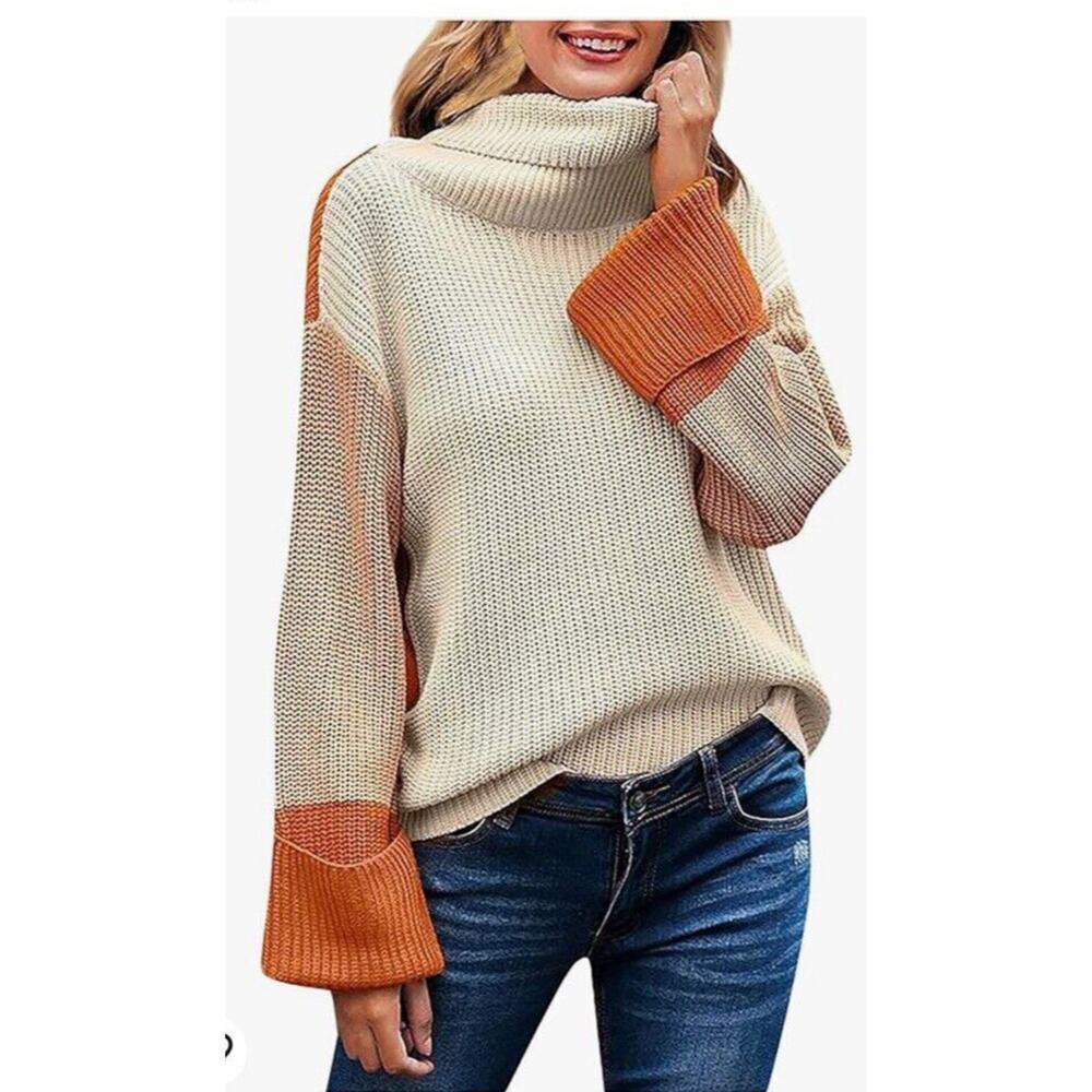 Simplee Women’s Pullover Sweater L Turtleneck Acrylic Knit Color Block Slouchy